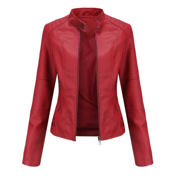 Women's Slim Fit Stand Collar Faux Leather Jacket