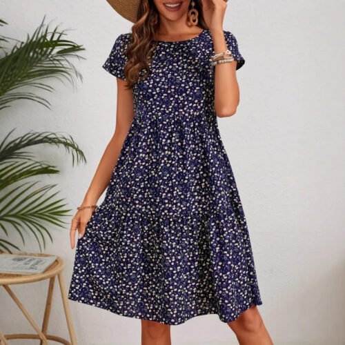 Printed Round Neck Dress Short Sleeve
