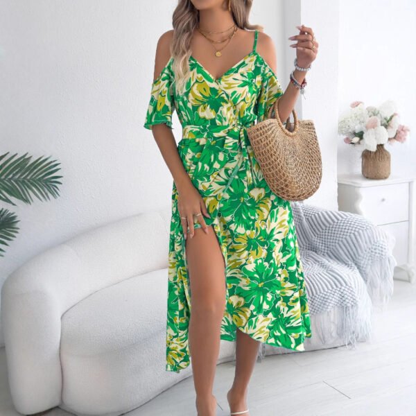European And American Strapless Cross V-neck Flower Strap Holiday Dress