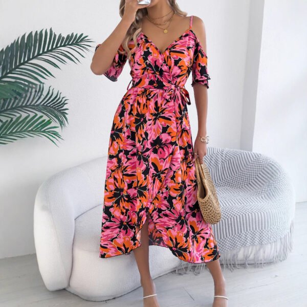 European And American Strapless Cross V-neck Flower Strap Holiday Dress