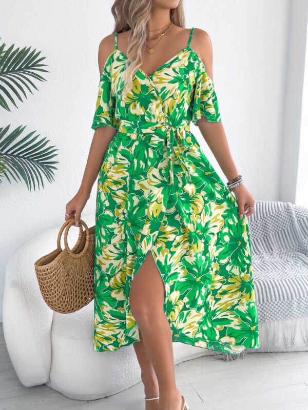 European And American Strapless Cross V-neck Flower Strap Holiday Dress