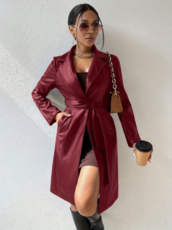 Women's Faux Leather Tie Waist Trench Coat