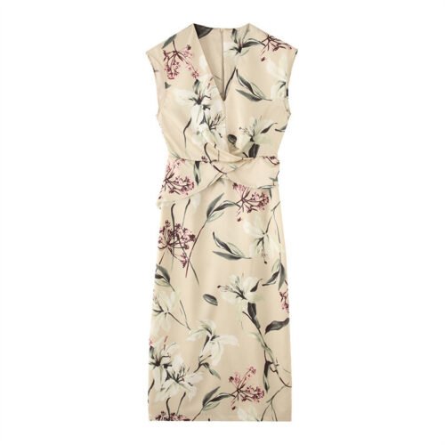 Flower Printed Silk Satin Texture V-neck Short Sleeve Dress