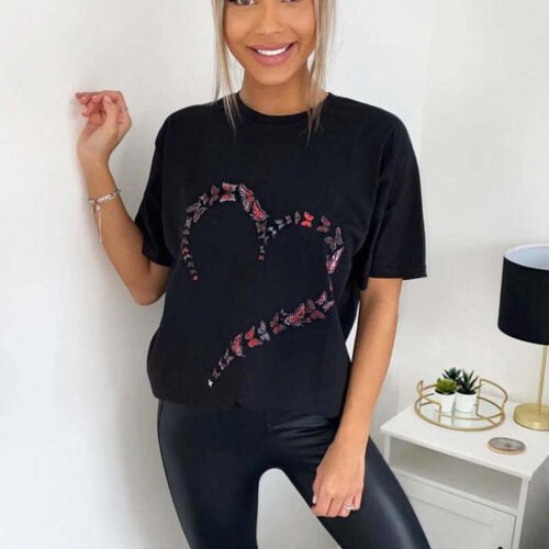 Ladies Oversized Heart Printed Short Sleeves T-Shirt Top