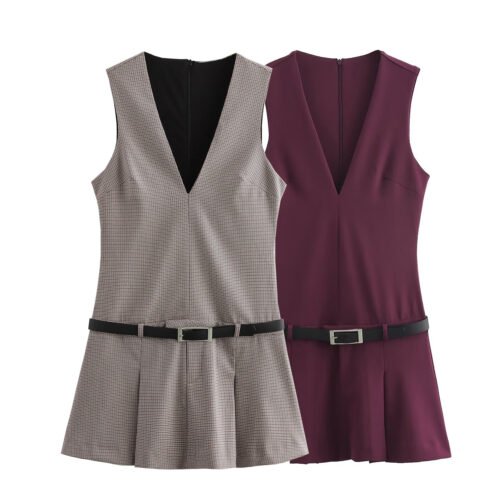 European And American Style Women's French Style With Belt Wide Pleated Sleeveless Dress