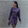 French Style Retro Crew Neck Long Sleeve Sequined Backless Dress
