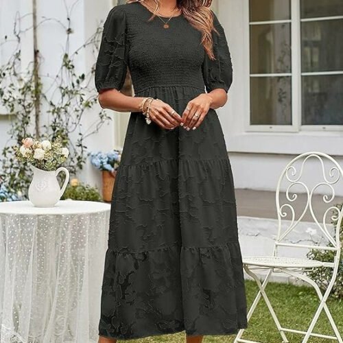 Summer Dress Floral Lace Short Sleeve High Waist