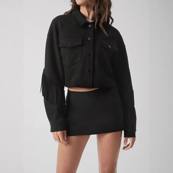 Women's Black Fringe Detail Cropped Jacket