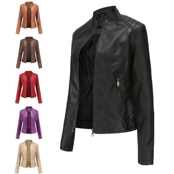 Women's Slim Fit Stand Collar Faux Leather Jacket