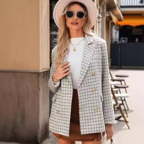 Women's Plaid Woolen Blazer With Fashion Casual Top Pockets