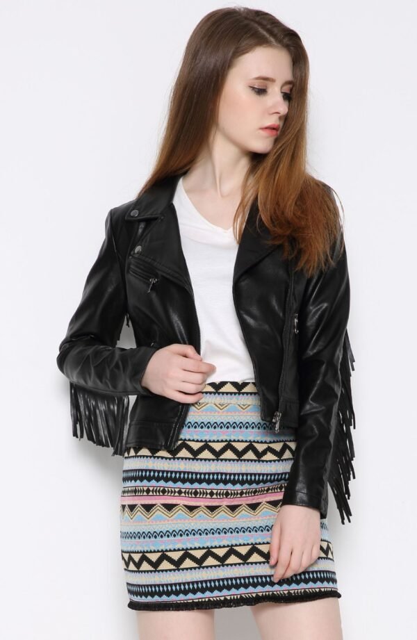 Women's Slim Fit Tassel Detail PU Leather Biker Jacket