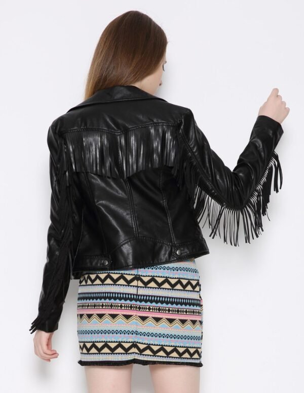 Women's Slim Fit Tassel Detail PU Leather Biker Jacket
