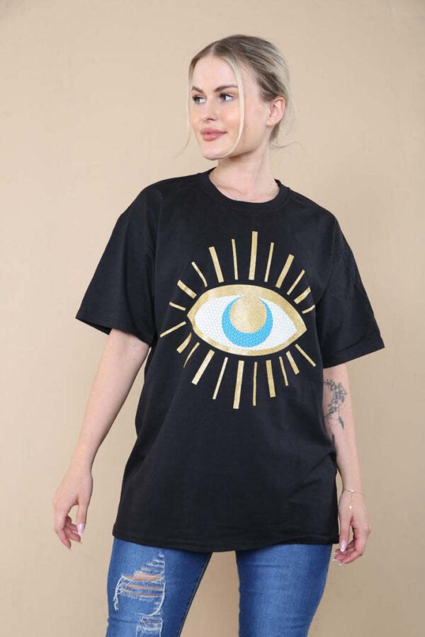 Ladies Oversized Sequin Eye Printed Short Sleeves T-Shirt Top