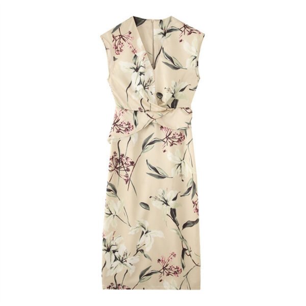 Flower Printed Silk Satin Texture V-neck Short Sleeve Dress