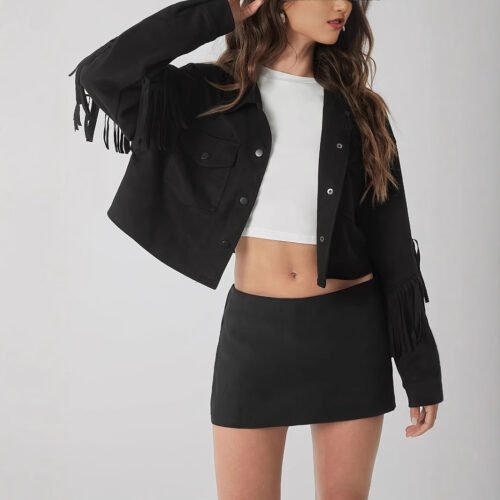 Women's Black Fringe Detail Cropped Jacket