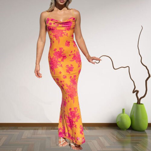 Women's Printed Lace Up Waist Sheath Long Sling Dress