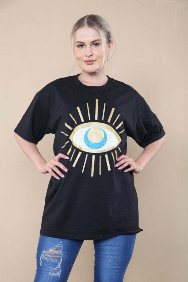 Ladies Oversized Sequin Eye Printed Short Sleeves T-Shirt Top