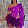 Purple Sequined Feather Skirt One-shoulder Sleeve Short Dress Luxury Party Stage Performance Dress