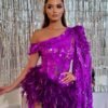Purple Sequined Feather Skirt One-shoulder Sleeve Short Dress Luxury Party Stage Performance Dress