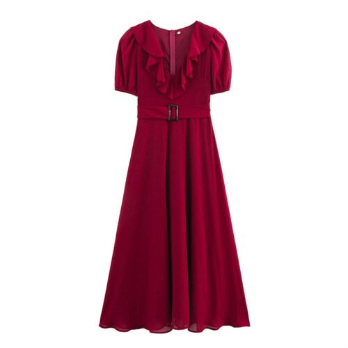 Ruffled Decorative V-neck Chiffon Waist Dress