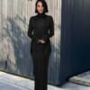 High Collar Solid Color European And American High-end Lace-up Design Dress