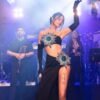 Shiny Rhinestone Tube Top High Slit Skirt Bandage Suit