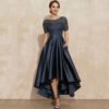 Navy Blue Satin Ball Lace Short Sleeve Dress