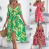 European And American Strapless Cross V-neck Flower Strap Holiday Dress