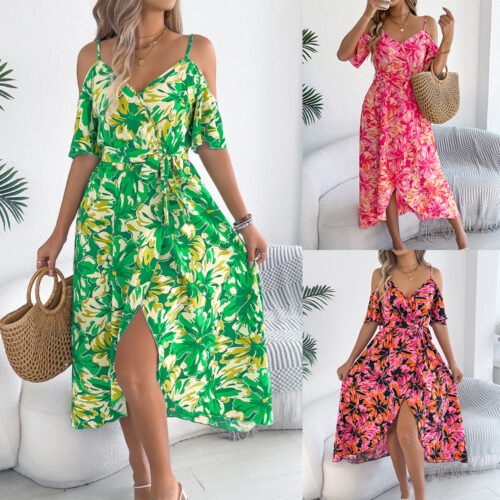 European And American Strapless Cross V-neck Flower Strap Holiday Dress