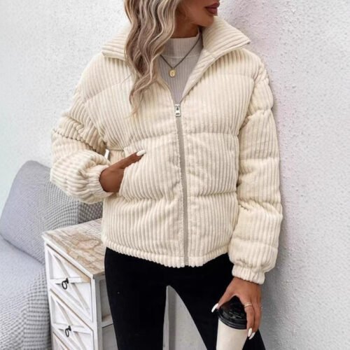 Ladies Loose Corduroy Puffer Jacket with Pockets