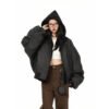 Teenagers Loose Fit Hooded PU Leather Cardigan Jacket