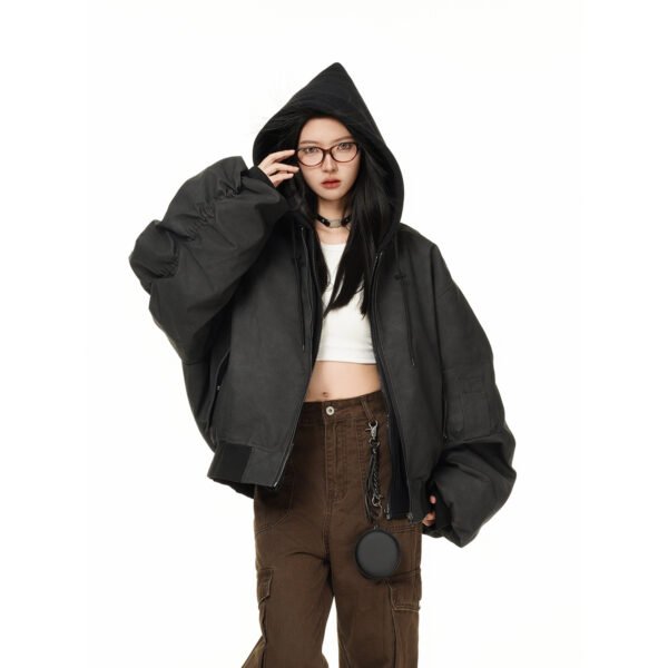 Teenagers Loose Fit Hooded PU Leather Cardigan Jacket