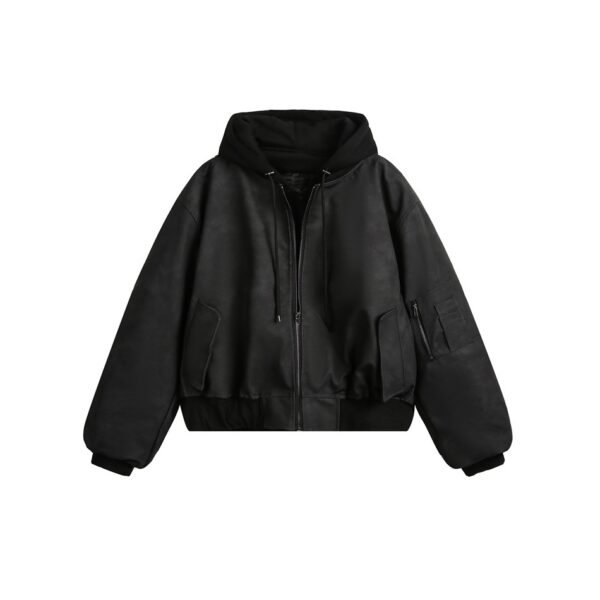 Teenagers Loose Fit Hooded PU Leather Cardigan Jacket