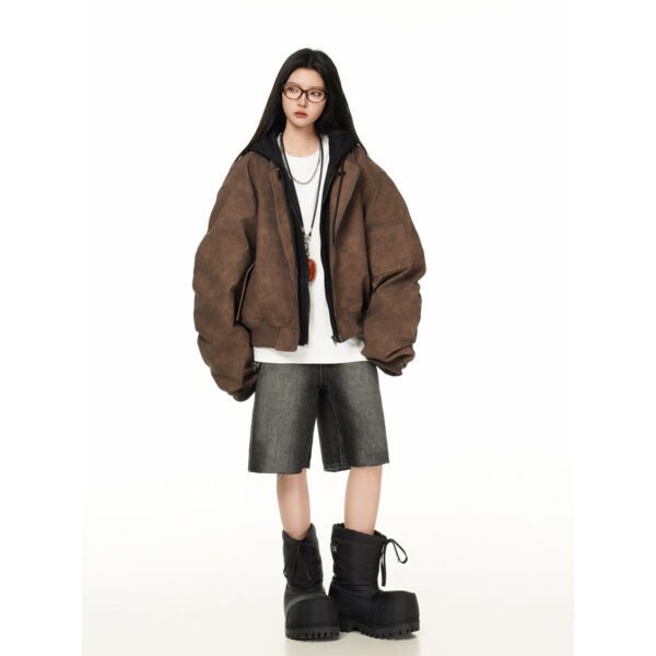 Teenagers Loose Fit Hooded PU Leather Cardigan Jacket