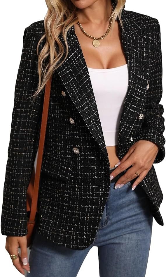 Women's Plaid Woolen Blazer With Fashion Casual Top Pockets