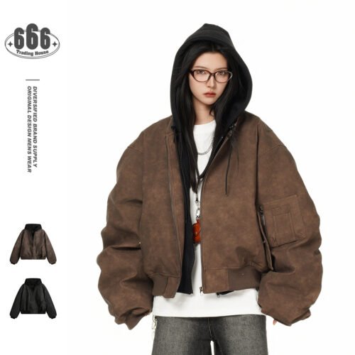 Teenagers Loose Fit Hooded PU Leather Cardigan Jacket