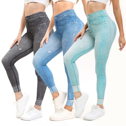 Women's High Waist Nylon Spandex Jean Print Leggings (3 Colors)