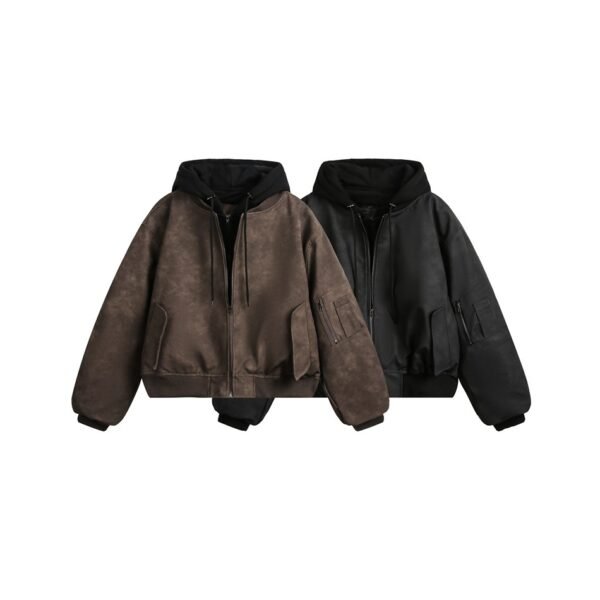 Teenagers Loose Fit Hooded PU Leather Cardigan Jacket