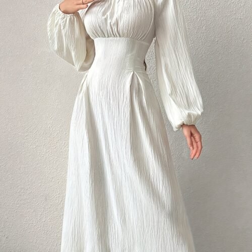 Stunning Textured Cross Tie Lantern Sleeve Midi Dress