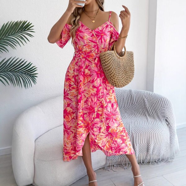 European And American Strapless Cross V-neck Flower Strap Holiday Dress