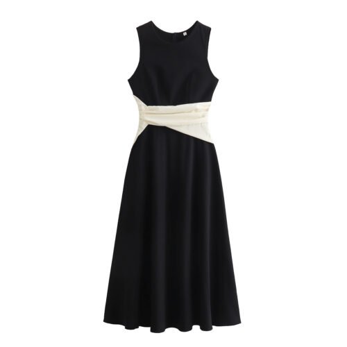 European And American Elegant Style Sleeveless Vest Color Collision Design Long Dress For Women