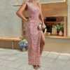 Sexy Sequined Shoulder Sleeping Beauty Split Solid Color Dress