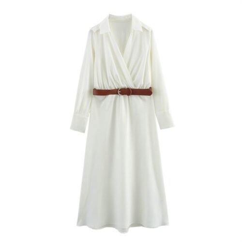 European And American Style Women's Fashion Temperament With Belt Silk Satin Texture Dress