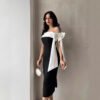 Women's Off-shoulder Bow Black And White Color Matching Elegant Cocktail Dress