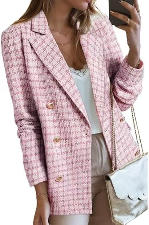 Women's Plaid Woolen Blazer With Fashion Casual Top Pockets
