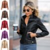 Women's Slim Fit Stand Collar Faux Leather Jacket