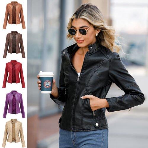 Women's Slim Fit Stand Collar Faux Leather Jacket