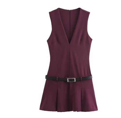 European And American Style Women's French Style With Belt Wide Pleated Sleeveless Dress