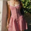 European And American Fashion Two-tone Plaid Button Decoration Sling Dress