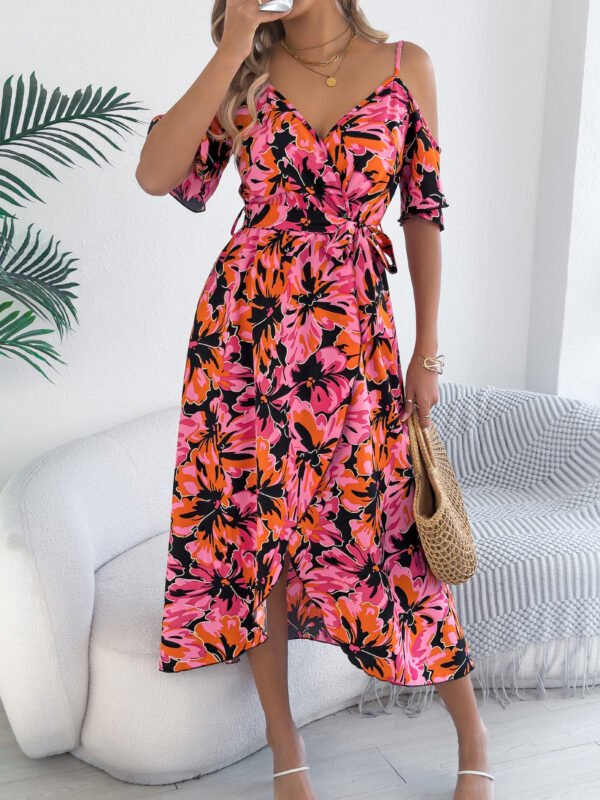 European And American Strapless Cross V-neck Flower Strap Holiday Dress